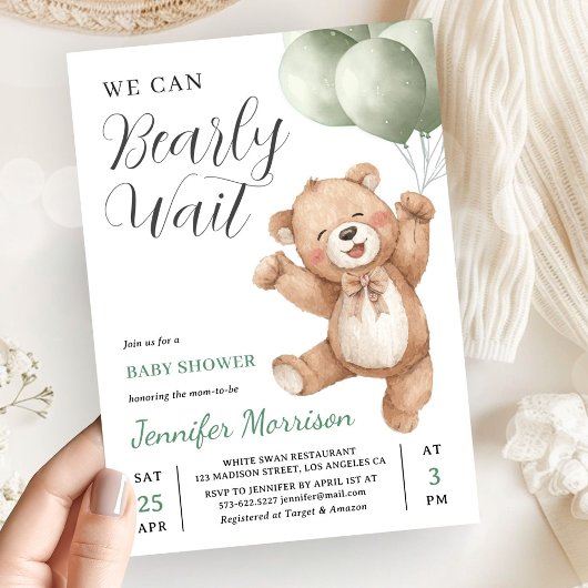 We Can Bearly Wait Neutral Teddy Bear Baby Shower Kaart