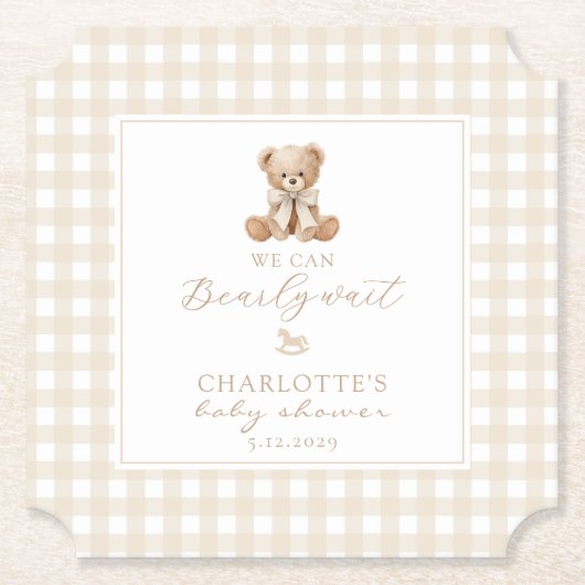 We can bearly Wait Neutral Teddy bear baby shower Kartonnen Onderzetters (Voorkant)