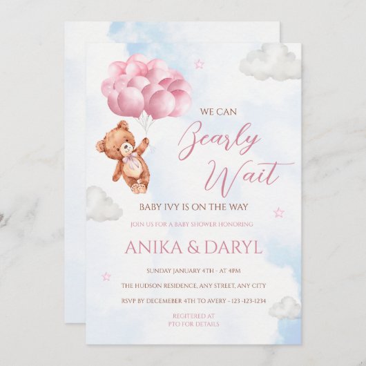 We Can Bearly Wait Pink Baby Shower Invitation Kaart (Voorkant / Achterkant)