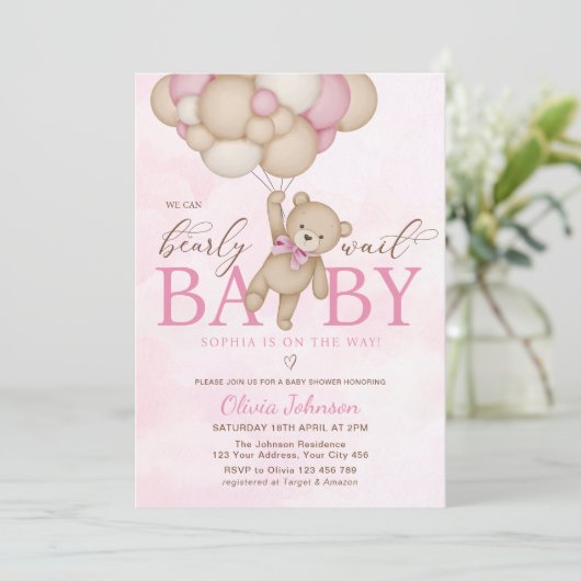 We Can Bearly Wait Pink Baby Shower Kaart (Staand voorkant)