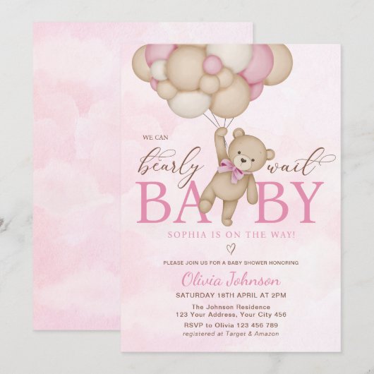 We Can Bearly Wait Pink Baby Shower Kaart (Voorkant / Achterkant)