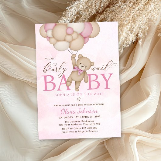 We Can Bearly Wait Pink Baby Shower Kaart