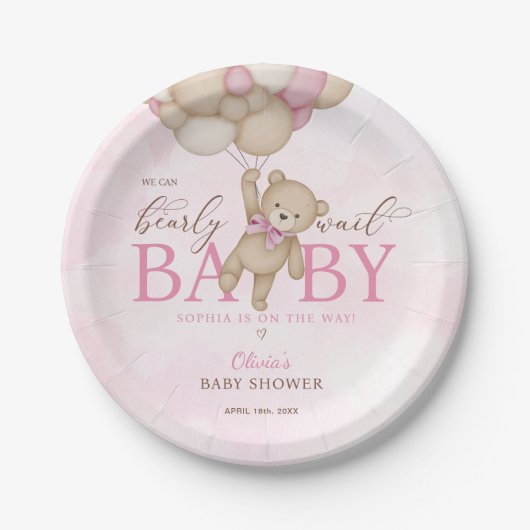 We Can Bearly Wait Pink Baby Shower Papieren Bordje (Voorkant)