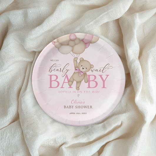We Can Bearly Wait Pink Baby Shower Papieren Bordje