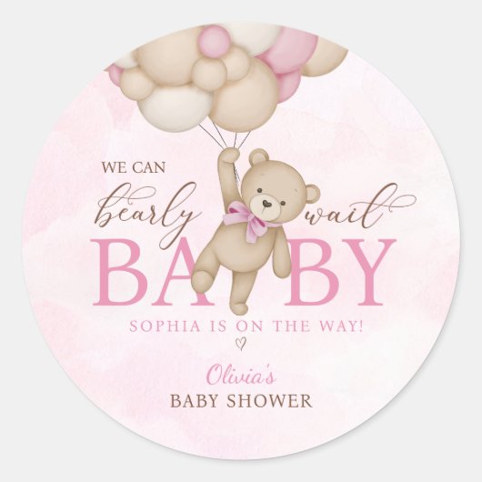We Can Bearly Wait Pink Baby Shower Ronde Sticker (Voorkant)