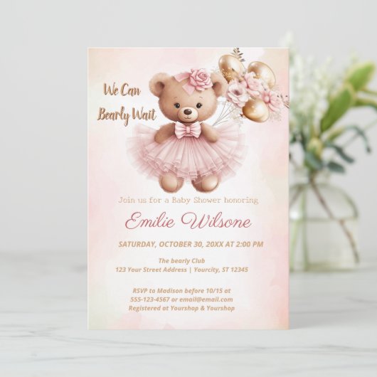 we can bearly wait pink babyshower Invitation Kaart (Staand voorkant)