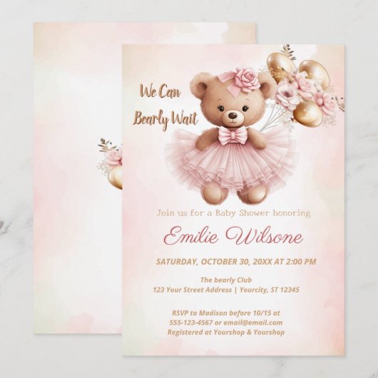 we can bearly wait pink babyshower Invitation Kaart (Voorkant / Achterkant)