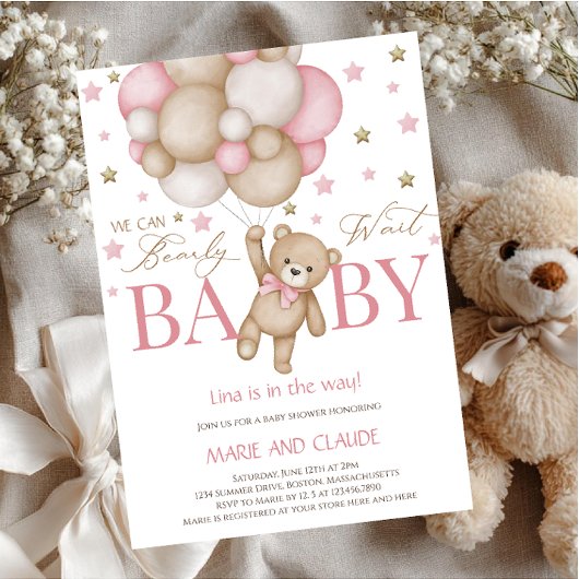 We can Bearly Wait Pink&beige Balloons baby shower Kaart