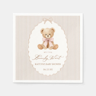 We Can Bearly Wait pink bow girl Baby Shower Servet