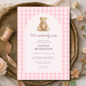 We Can Bearly Wait Pink Gingham Baby Shower Kaart