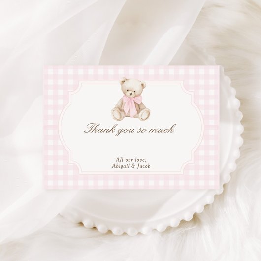 We Can Bearly Wait Pink Gingham Teddy Bear Baby Bedankkaart