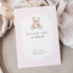 We Can Bearly Wait Pink Gingham Teddy Bear Baby Bedankkaart<br><div class="desc">This design features a watercolor teddy bear with a pink bow,  and soft pink gingham plaid.</div>