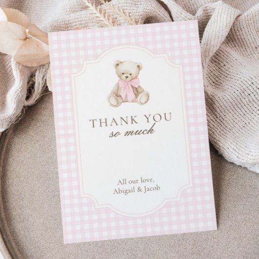 We Can Bearly Wait Pink Gingham Teddy Bear Baby Bedankkaart