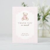 We Can Bearly Wait Pink Gingham Teddy Bear Baby Bedankkaart (Staand voorkant)