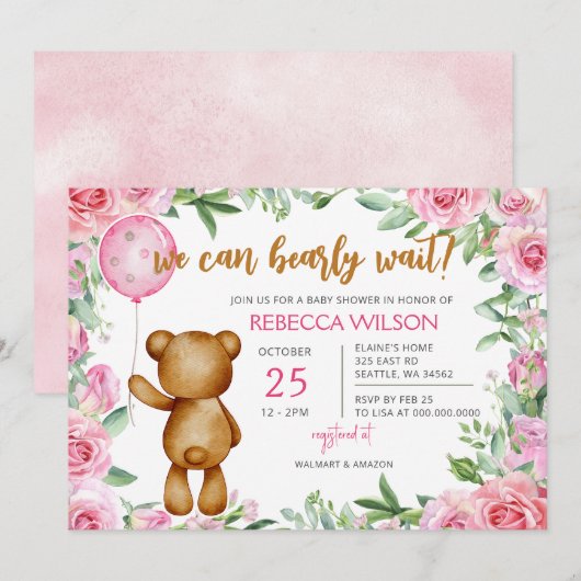 We Can Bearly Wait Pink Girl Baby Shower Kaart (Voorkant / Achterkant)
