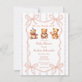 We Can Bearly Wait Pink Lace Ribbon Baby Shower Kaart (Voorkant)