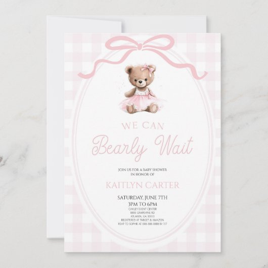 We Can Bearly Wait Pink Teddy Bear Baby Shower Kaart (Voorkant)