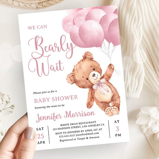 We Can Bearly Wait Pink Teddy Bear Baby Shower Kaart