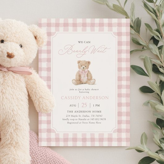 We Can Bearly Wait Pink Teddy Bear Baby Shower Kaart