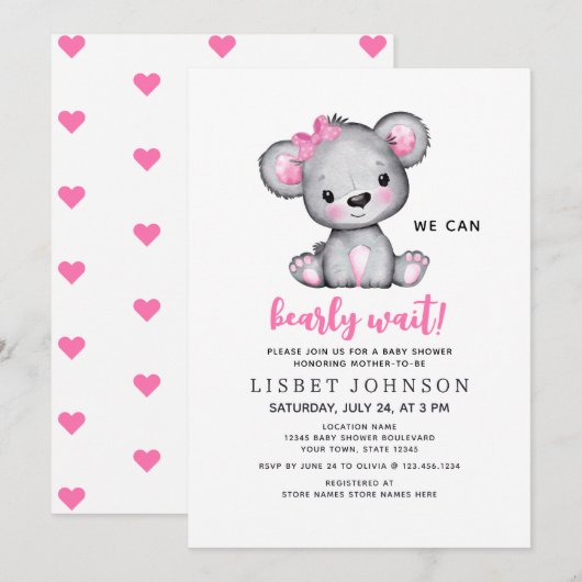 We Can Bearly Wait Pink Teddy Bear Baby Shower Kaart (Voorkant / Achterkant)