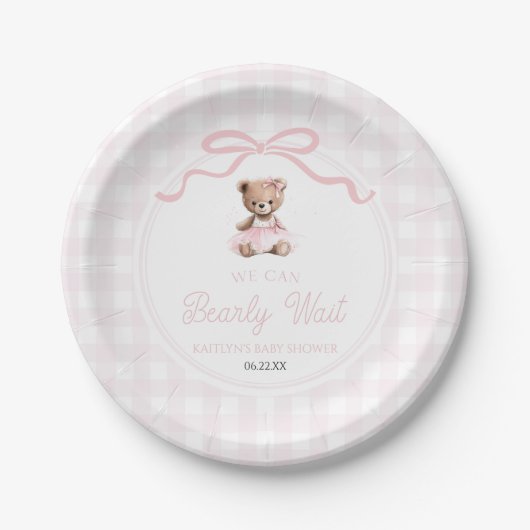We Can Bearly Wait Pink Teddy Bear Baby Shower Papieren Bordje (Voorkant)