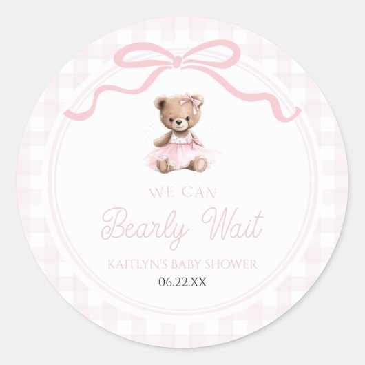 We Can Bearly Wait Pink Teddy Bear Baby Shower Ronde Sticker (Voorkant)