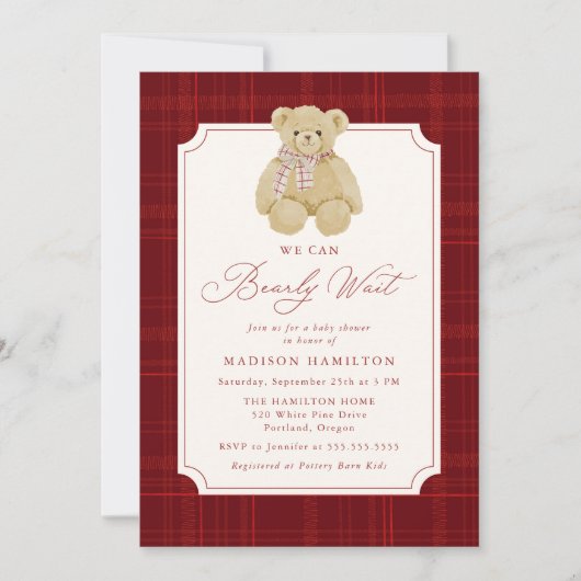 We Can Bearly Wait Plaid Teddy Bear Baby Shower Kaart (Voorkant)