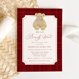 We Can Bearly Wait Plaid Teddy Bear Baby Shower Kaart