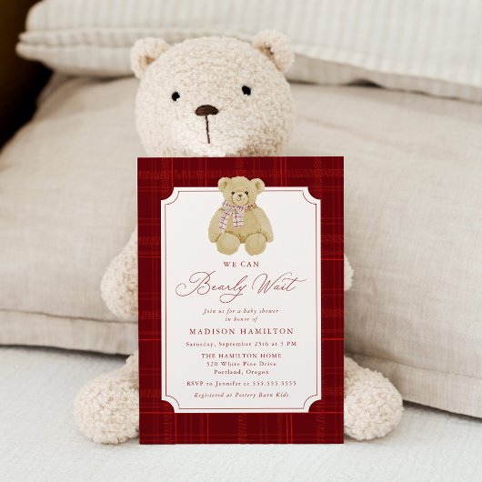 We Can Bearly Wait Plaid Teddy Bear Baby Shower Kaart