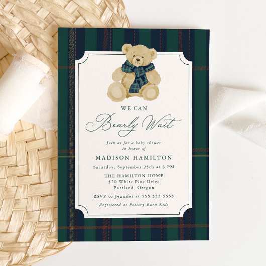 We Can Bearly Wait Plaid Teddy Bear Baby Shower Kaart