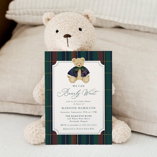 We Can Bearly Wait Plaid Teddy Bear Baby Shower Kaart