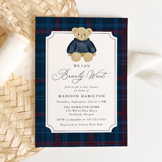 We Can Bearly Wait Plaid Teddy Bear Baby Shower Kaart