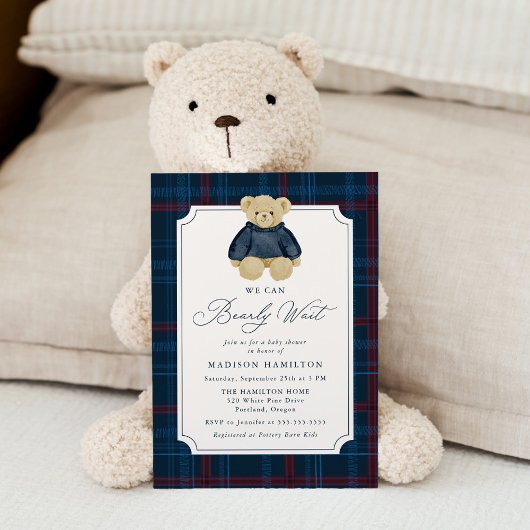 We Can Bearly Wait Plaid Teddy Bear Baby Shower Kaart