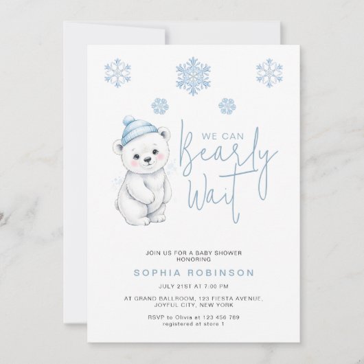 We Can Bearly Wait Polar Bear Winter Baby Shower Kaart (Voorkant)