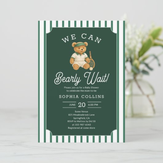 We Can Bearly Wait Preppy Bear Tartan Baby Shower Kaart (Staand voorkant)