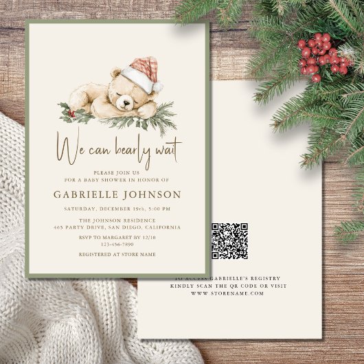 We Can Bearly Wait QR Christmas Baby Shower Kaart