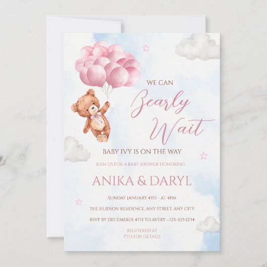 We Can Bearly Wait Roze Babyshower Uitnodiging (Voorkant)