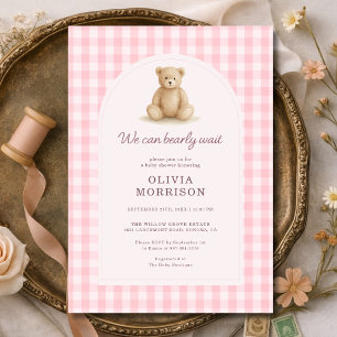We Can Bearly Wait Roze Gingham Baby Shower Uitnod Kaart
