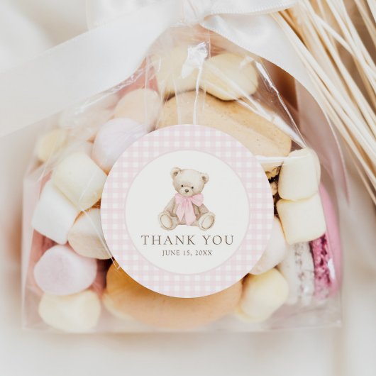 We Can Bearly Wait Roze Gingham Teddybeer Ronde Sticker