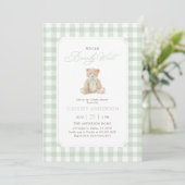 We Can Bearly Wait Sage Teddy Bear Baby Shower Kaart (Staand voorkant)