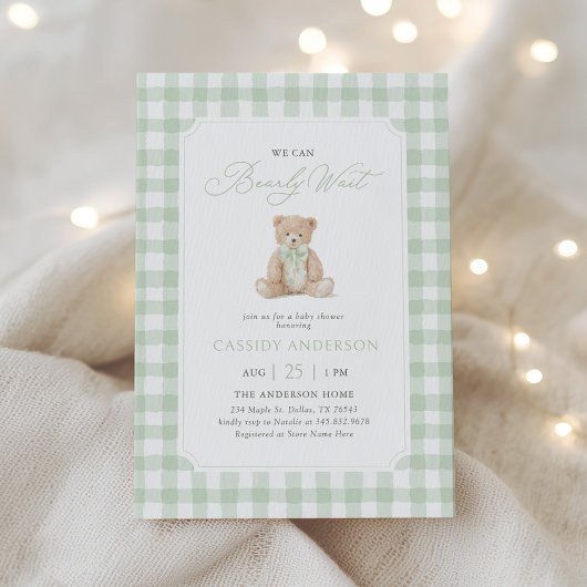 We Can Bearly Wait Sage Teddy Bear Baby Shower Kaart