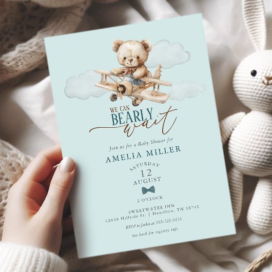We Can Bearly Wait Teddy Airplane Blue Baby Shower Kaart