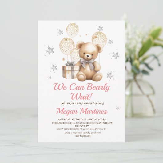 We Can Bearly Wait Teddy Baby Shower Uitnodiging (Staand voorkant)