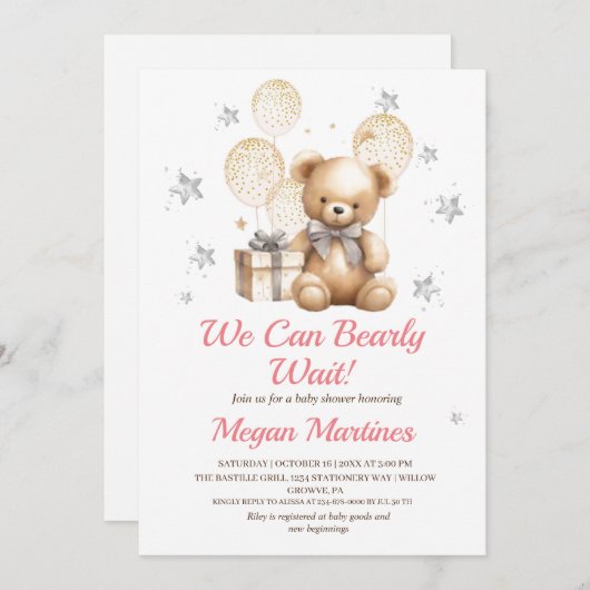 We Can Bearly Wait Teddy Baby Shower Uitnodiging (Voorkant / Achterkant)