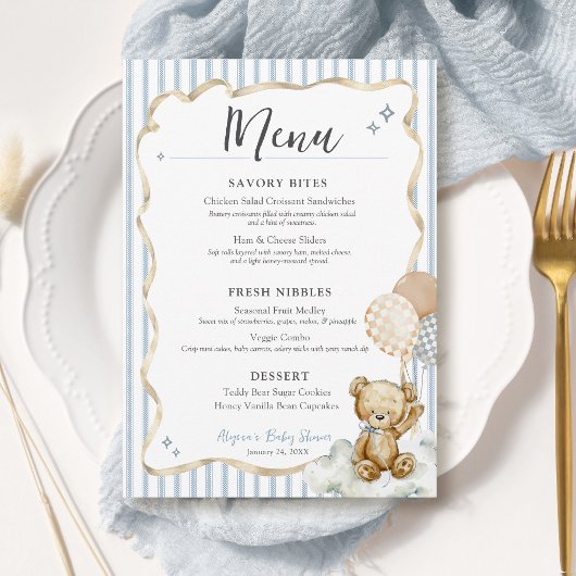 We Can Bearly Wait Teddy Bear Baby Boy Shower Menu Kaart