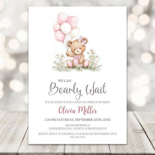 We Can Bearly Wait Teddy Bear Baby Girl Shower Kaart