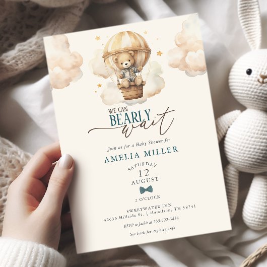 We Can Bearly Wait Teddy Bear Balloon Baby Shower Kaart