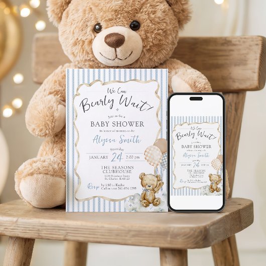 We Can Bearly Wait Teddy Bear Blue Baby Boy Shower Kaart