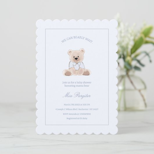 We Can Bearly Wait Teddy Bear Blue Baby Shower Kaart (Staand voorkant)