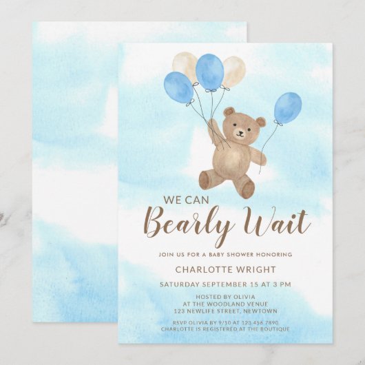 We Can Bearly Wait Teddy Bear Boy Baby Shower Kaart (Voorkant / Achterkant)